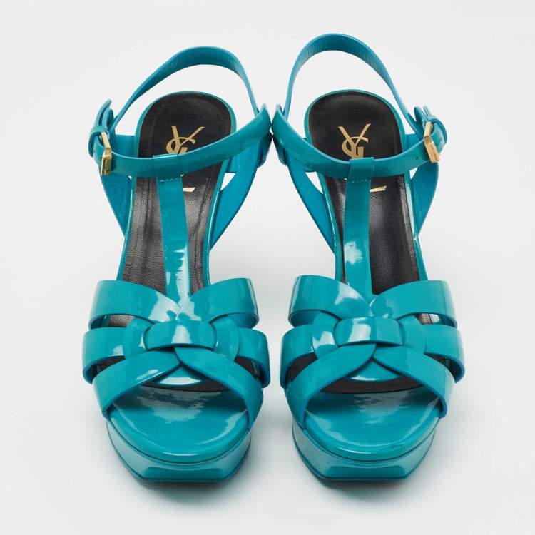 Pre Owned Saint Laurent Turquoise Patent Leather Tribute Sandals Size 38