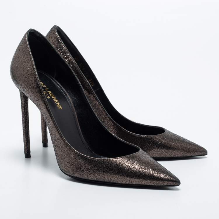 Pre Owned Saint Laurent Dark Brown Laminated Suede Anja Pumps Size 37.5 