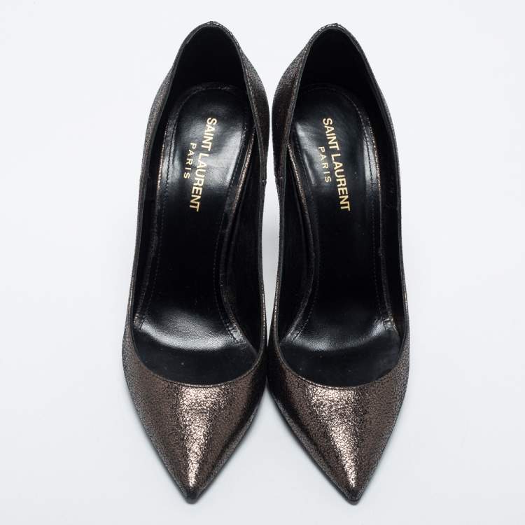 Pre Owned Saint Laurent Dark Brown Laminated Suede Anja Pumps Size 37.5 