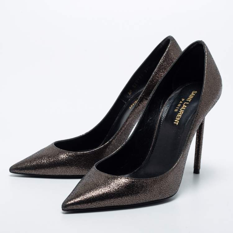 Pre Owned Saint Laurent Dark Brown Laminated Suede Anja Pumps Size 37.5 