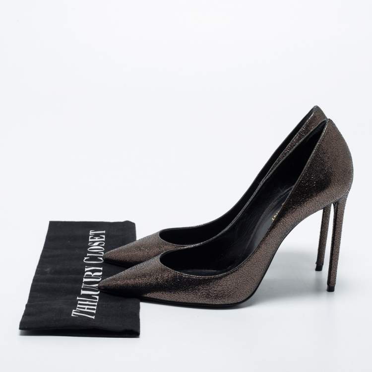 Pre Owned Saint Laurent Dark Brown Laminated Suede Anja Pumps Size 37.5 