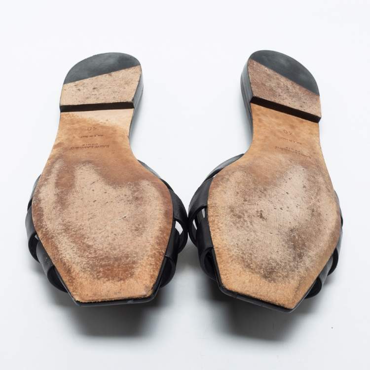 Pre Owned Saint Laurent Black Leather Tribute Flat Slides Size 40