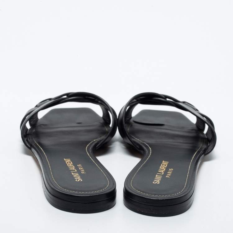 Pre Owned Saint Laurent Black Leather Tribute Flat Slides Size 40