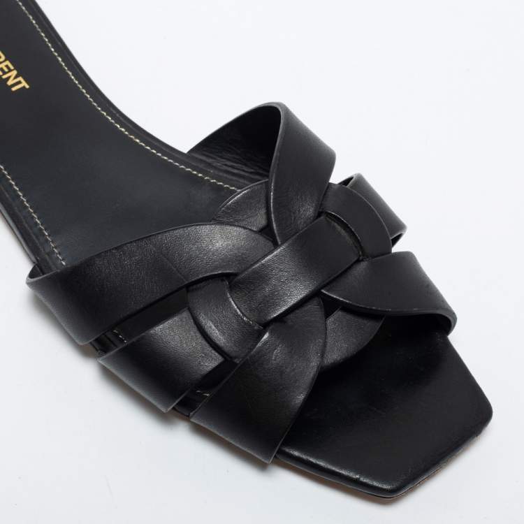 Pre Owned Saint Laurent Black Leather Tribute Flat Slides Size 40
