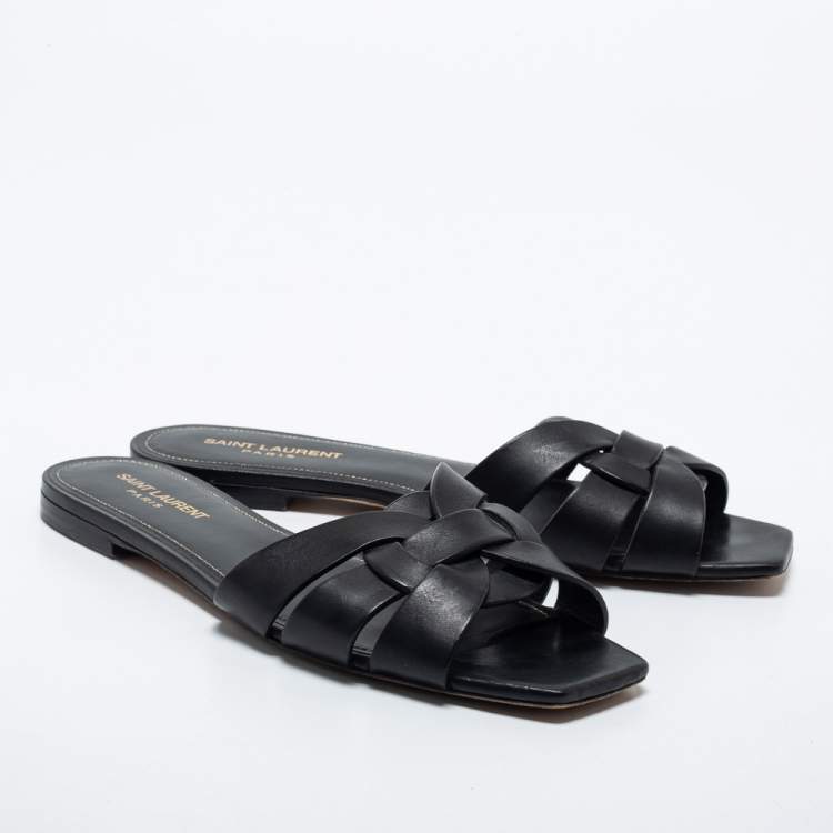 Pre Owned Saint Laurent Black Leather Tribute Flat Slides Size 40