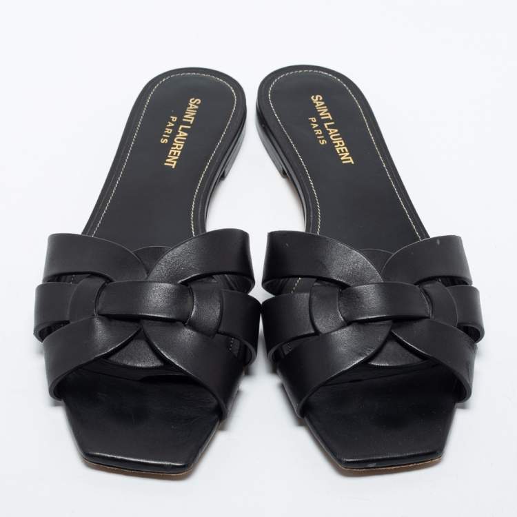 Pre Owned Saint Laurent Black Leather Tribute Flat Slides Size 40