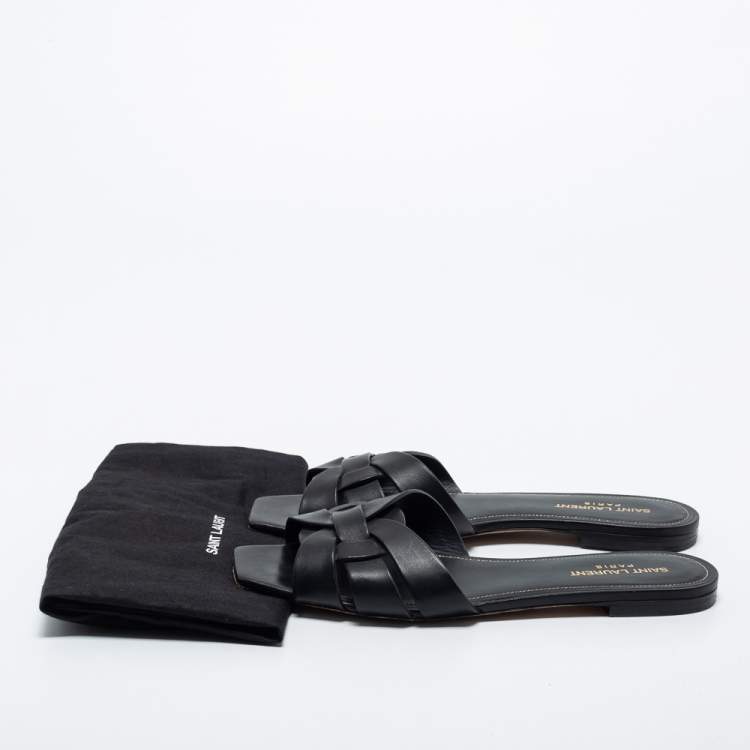 Pre Owned Saint Laurent Black Leather Tribute Flat Slides Size 40