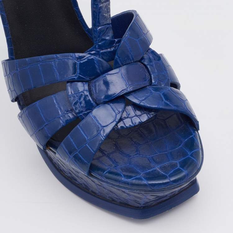 Pre Owned Saint Laurent Blue Croc Embossed Leather Tribute Platform Sandals Size 38
