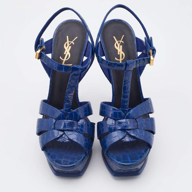 Pre Owned Saint Laurent Blue Croc Embossed Leather Tribute Platform Sandals Size 38