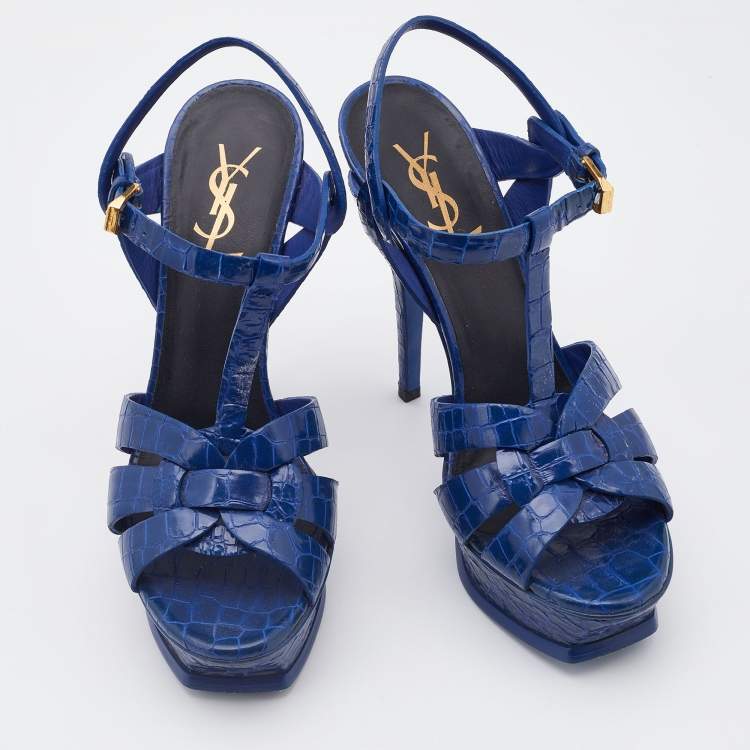 Pre Owned Saint Laurent Blue Croc Embossed Leather Tribute Platform Sandals Size 38
