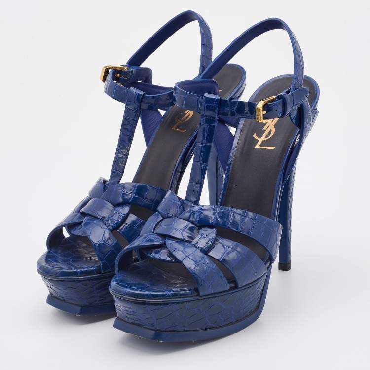 Pre Owned Saint Laurent Blue Croc Embossed Leather Tribute Platform Sandals Size 38