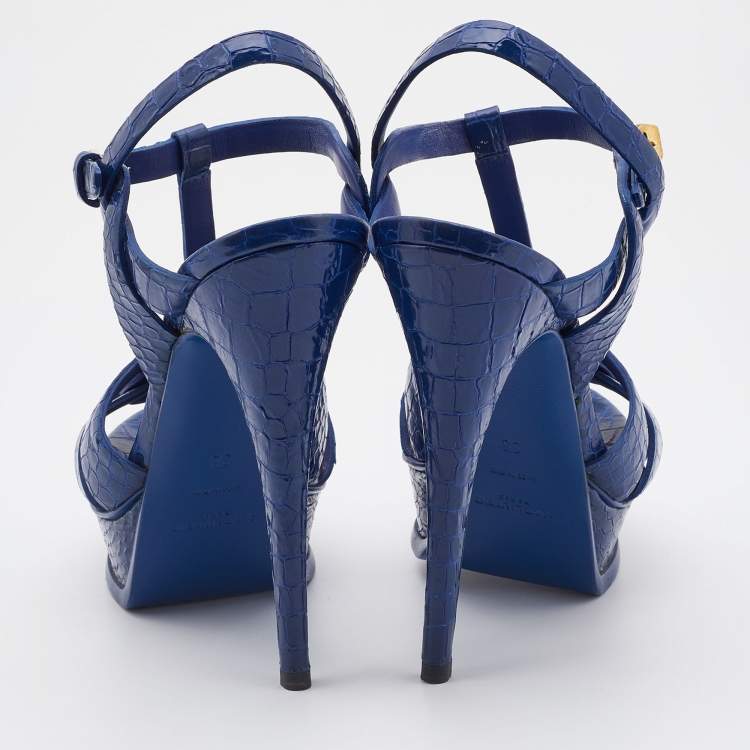 Pre Owned Saint Laurent Blue Croc Embossed Leather Tribute Platform Sandals Size 38