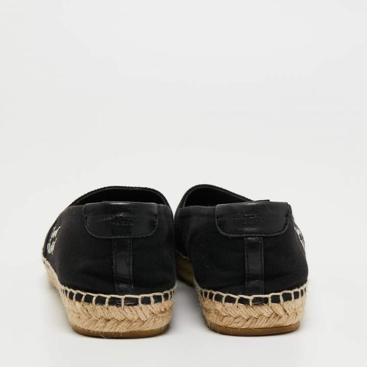 Pre Owned Saint Laurent Black Canvas Embroidered Logo Espadrille Flats Size 39