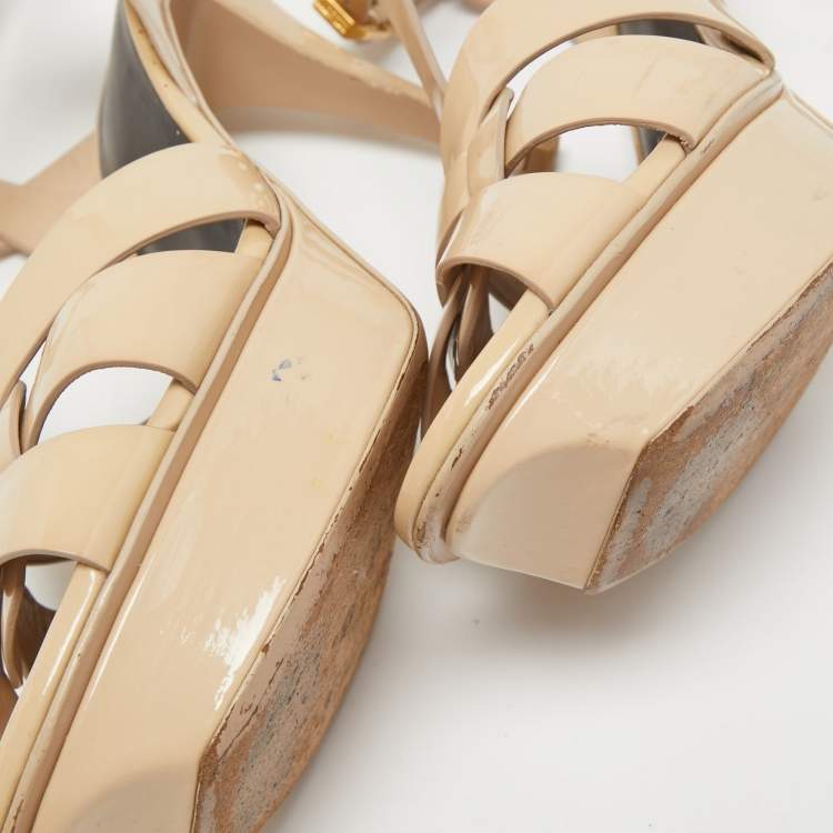 Pre Owned Saint Laurent Beige Patent Leather Tribute Sandals Size 40