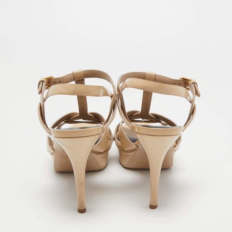 Pre Owned Saint Laurent Beige Patent Leather Tribute Sandals Size 40