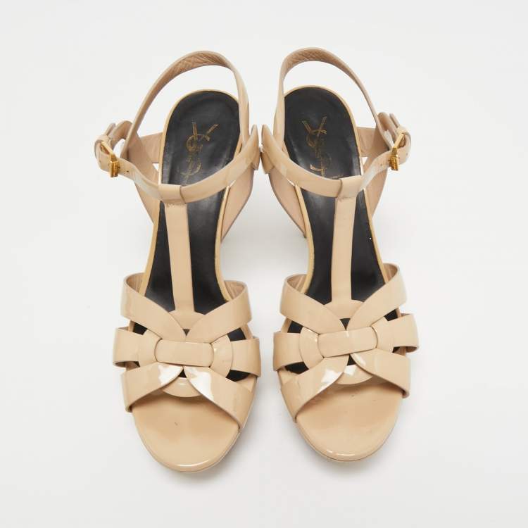 Pre Owned Saint Laurent Beige Patent Leather Tribute Sandals Size 40