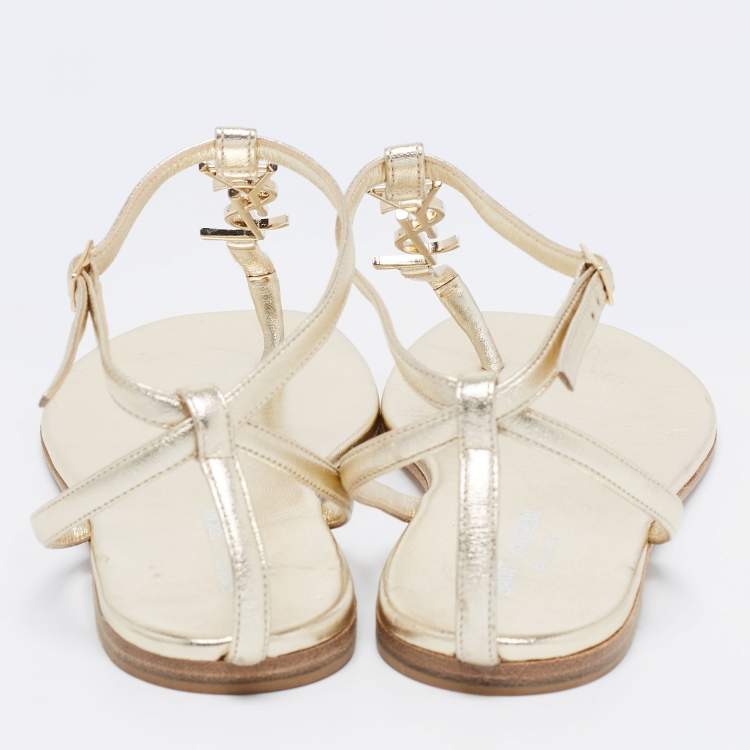 Pre Owned Saint Laurent Gold Leather Cassandra Flat Ankle Strap Sandals Size 38