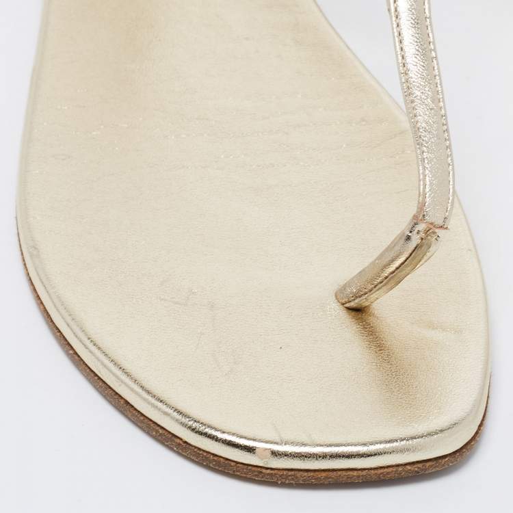 Pre Owned Saint Laurent Gold Leather Cassandra Flat Ankle Strap Sandals Size 38