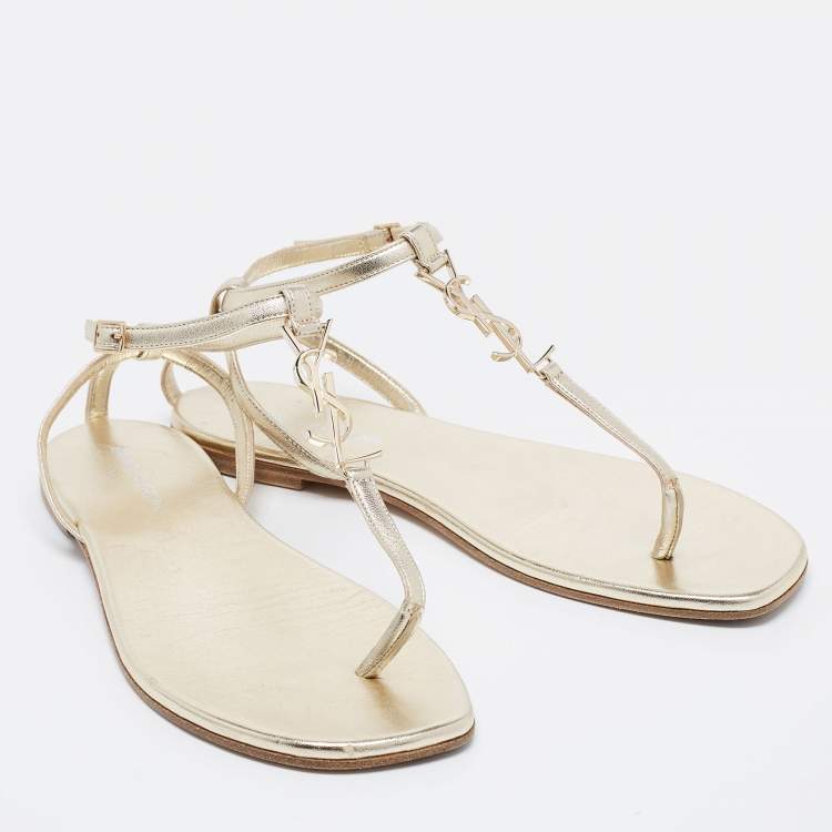 Pre Owned Saint Laurent Gold Leather Cassandra Flat Ankle Strap Sandals Size 38