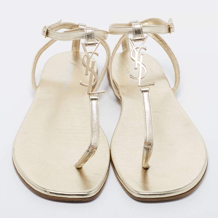 Pre Owned Saint Laurent Gold Leather Cassandra Flat Ankle Strap Sandals Size 38