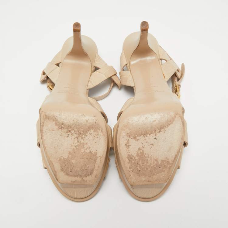 Pre Owned Saint Laurent Paris Cream Croc Embossed Leather Tribute  Sandals Size 39