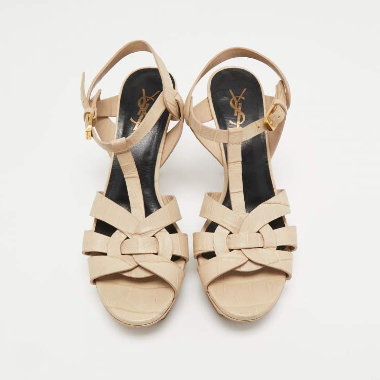 Pre Owned Saint Laurent Paris Cream Croc Embossed Leather Tribute  Sandals Size 39