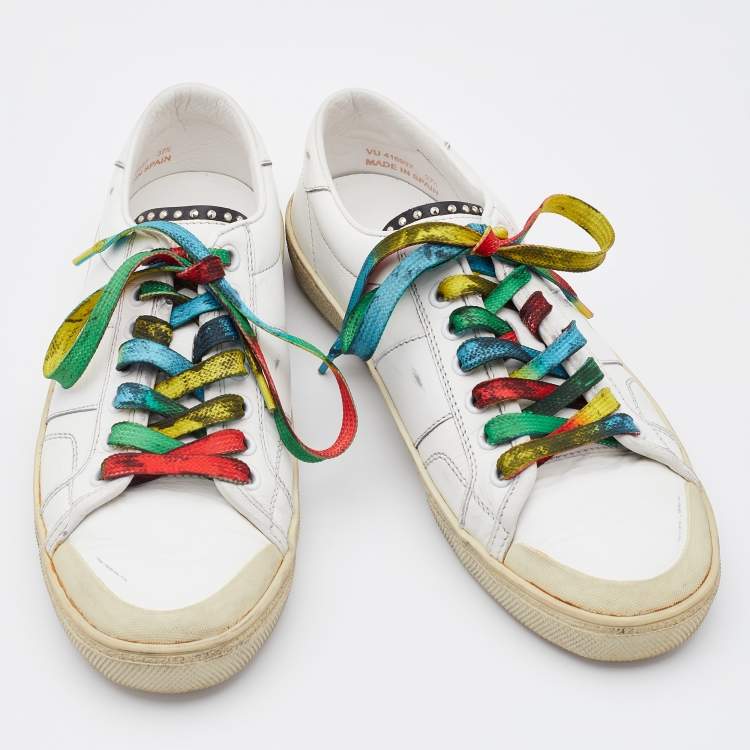 Pre Owned Saint Laurent White Leather Distressed Court Classic Surf Sneakers Size 37.5