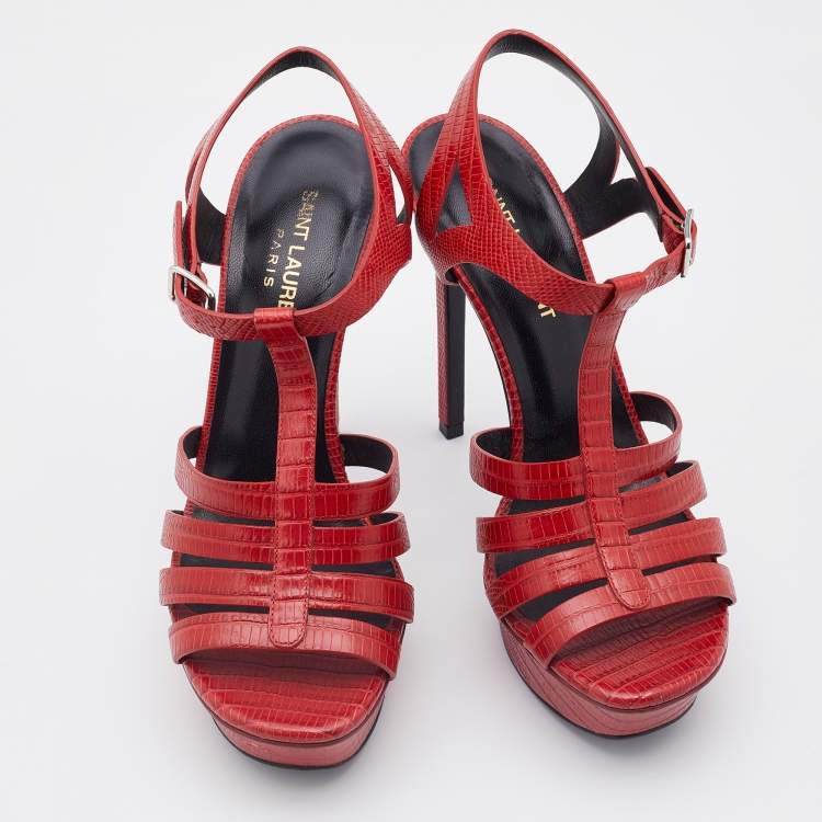 Pre Owned Saint Laurent Red Lizard Embossed Leather Strappy Platform Sandals Size 37.5