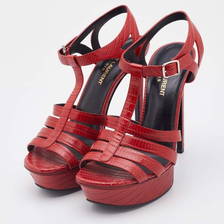 Pre Owned Saint Laurent Red Lizard Embossed Leather Strappy Platform Sandals Size 37.5