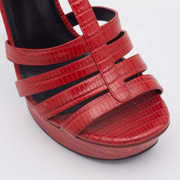 Pre Owned Saint Laurent Red Lizard Embossed Leather Strappy Platform Sandals Size 37.5
