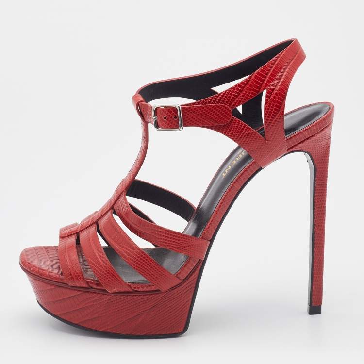 Pre Owned Saint Laurent Red Lizard Embossed Leather Strappy Platform Sandals Size 37.5