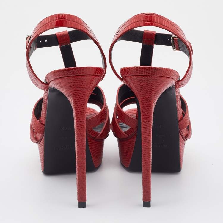 Pre Owned Saint Laurent Red Lizard Embossed Leather Strappy Platform Sandals Size 37.5