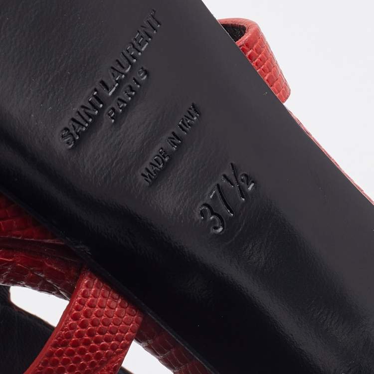 Pre Owned Saint Laurent Red Lizard Embossed Leather Strappy Platform Sandals Size 37.5