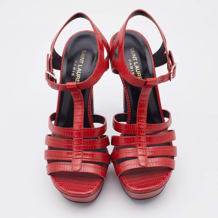 Pre Owned Saint Laurent Red Lizard Embossed Leather Strappy Platform Sandals Size 37.5