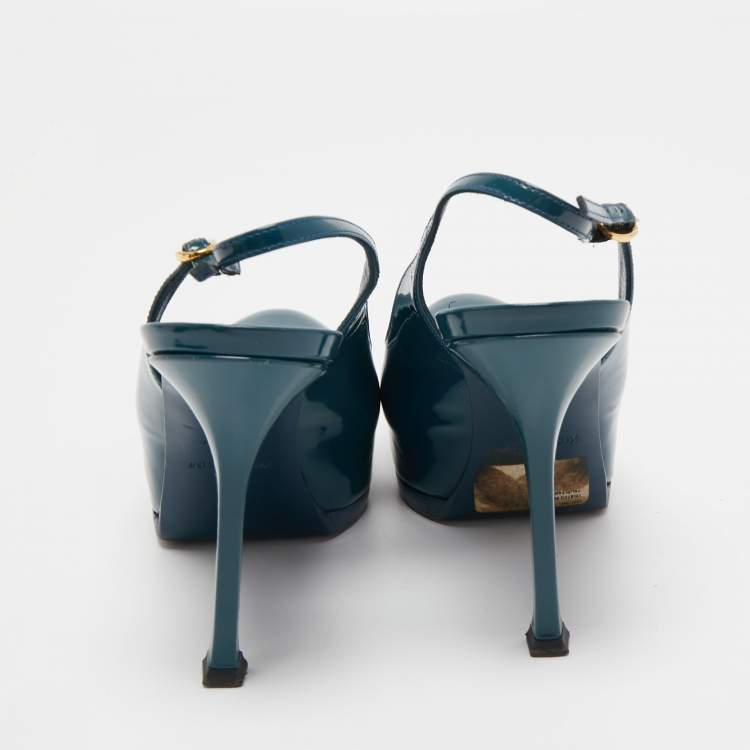 Pre Owned Saint Laurent Teal Patent Leather Tribtoo Slingback Pumps Size 36
