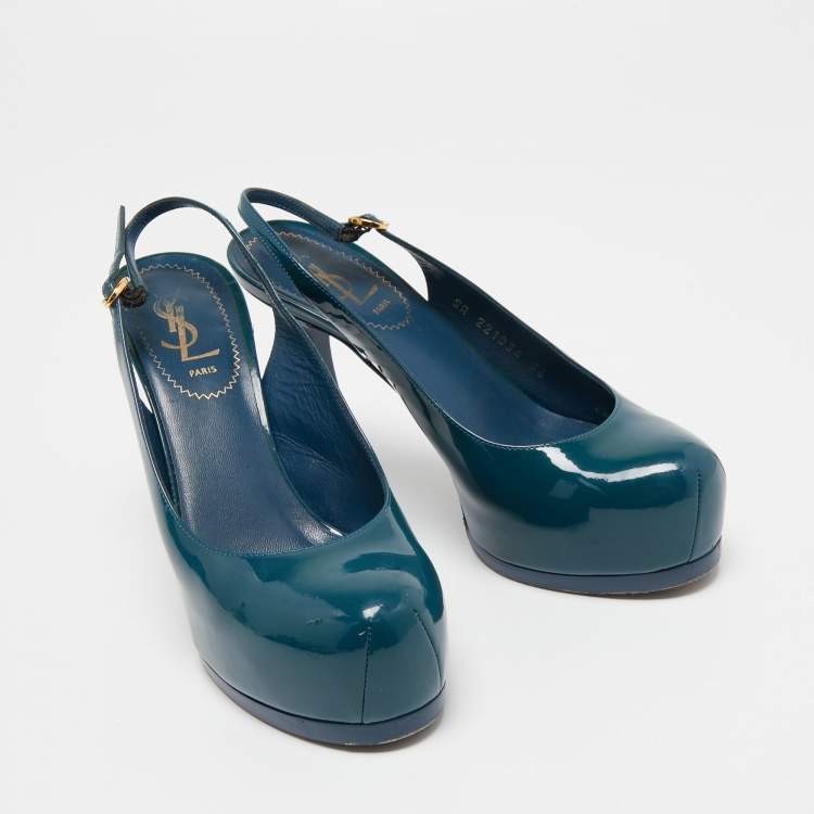 Pre Owned Saint Laurent Teal Patent Leather Tribtoo Slingback Pumps Size 36