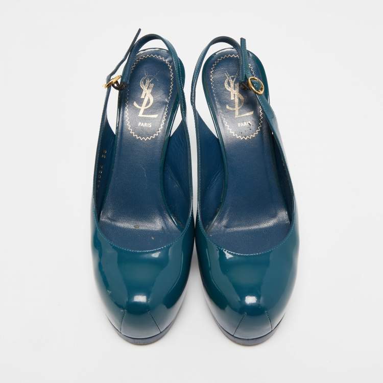 Pre Owned Saint Laurent Teal Patent Leather Tribtoo Slingback Pumps Size 36