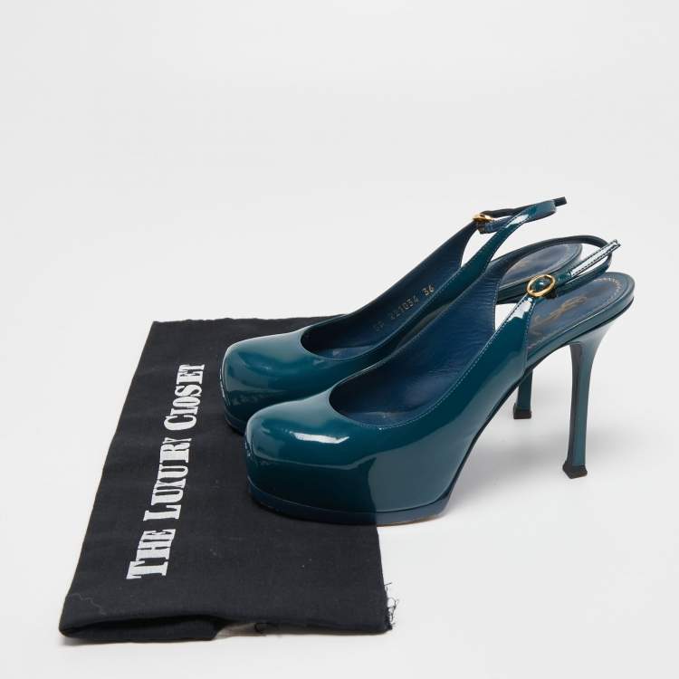 Pre Owned Saint Laurent Teal Patent Leather Tribtoo Slingback Pumps Size 36