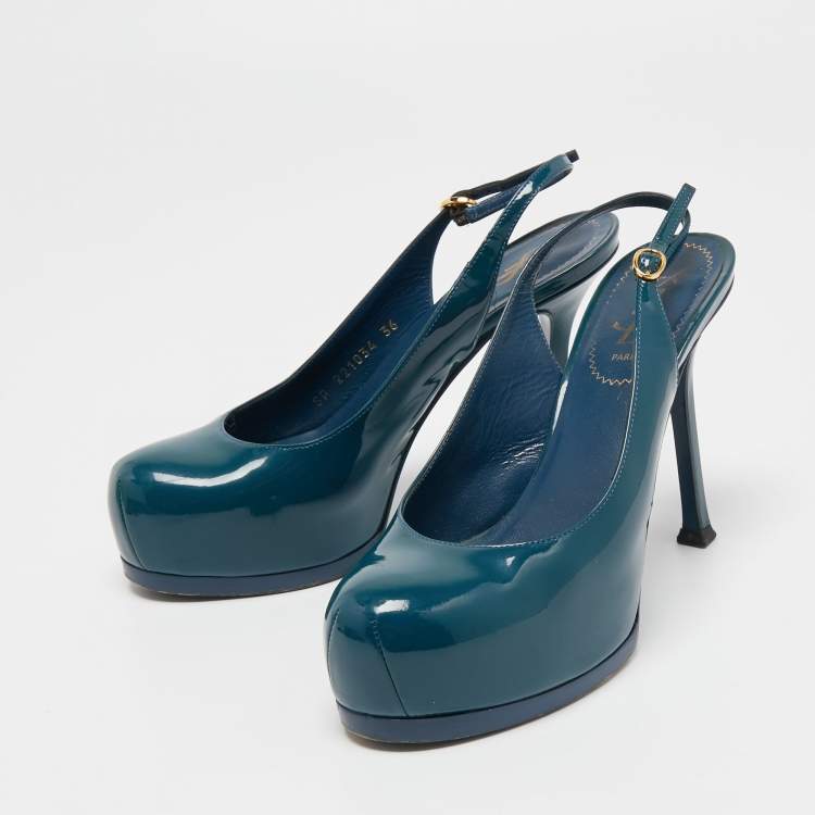 Pre Owned Saint Laurent Teal Patent Leather Tribtoo Slingback Pumps Size 36