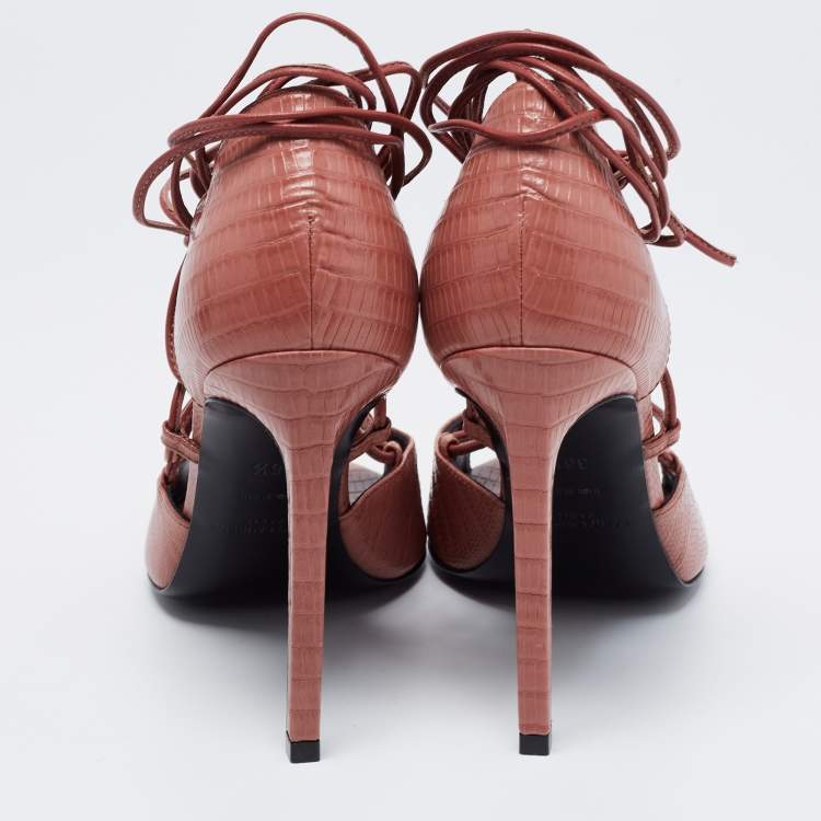 Pre Owned Saint Laurent Pink Lizard Embossed Leather Ankle Wrap Sandals Size 36.5