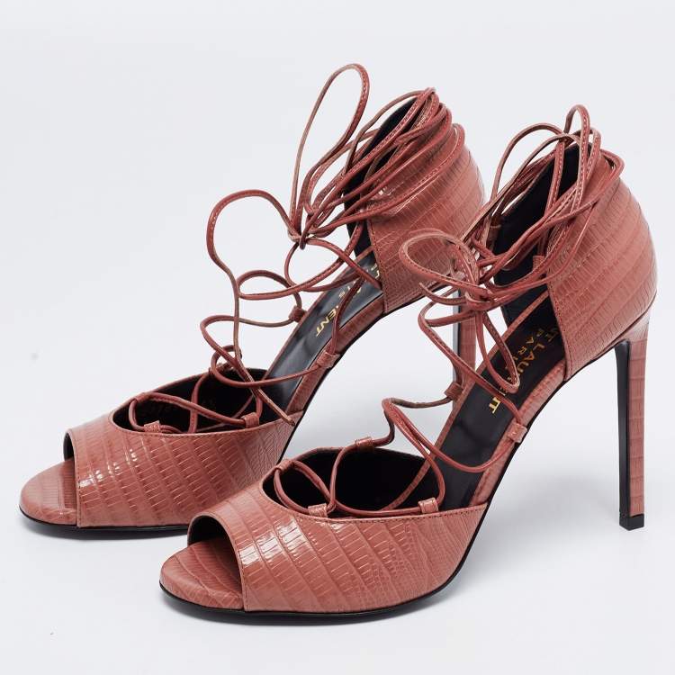 Pre Owned Saint Laurent Pink Lizard Embossed Leather Ankle Wrap Sandals Size 36.5