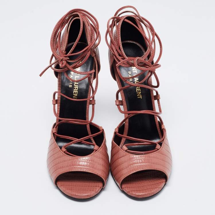 Pre Owned Saint Laurent Pink Lizard Embossed Leather Ankle Wrap Sandals Size 36.5