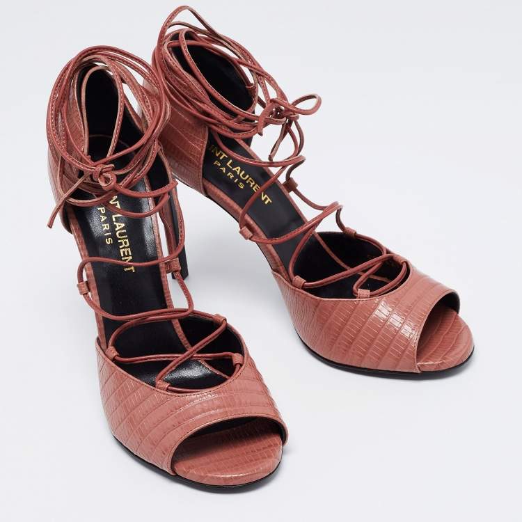 Pre Owned Saint Laurent Pink Lizard Embossed Leather Ankle Wrap Sandals Size 36.5