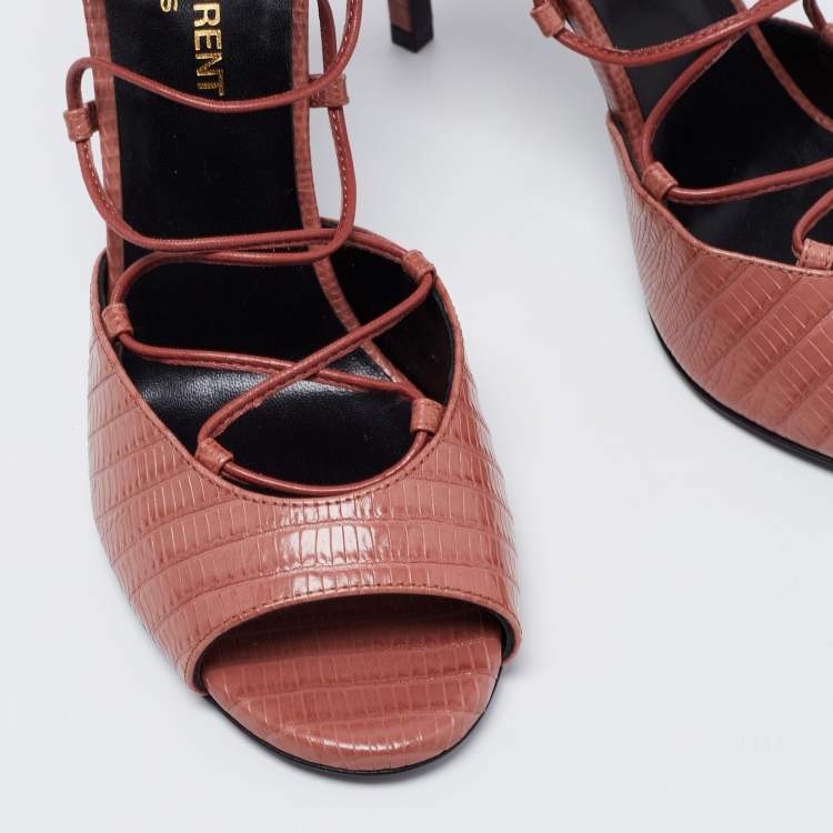 Pre Owned Saint Laurent Pink Lizard Embossed Leather Ankle Wrap Sandals Size 36.5