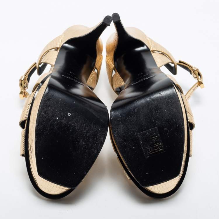 Pre Owned Saint Laurent Gold Lizard Embossed Leather Tribute Sandals Size 40