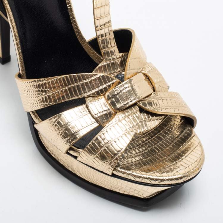 Pre Owned Saint Laurent Gold Lizard Embossed Leather Tribute Sandals Size 40
