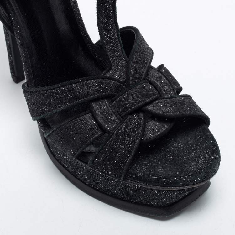 Pre Owned Saint Laurent Black Glitter Fabric Tribute Platform Sandals Size 38