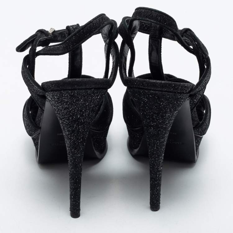 Pre Owned Saint Laurent Black Glitter Fabric Tribute Platform Sandals Size 38