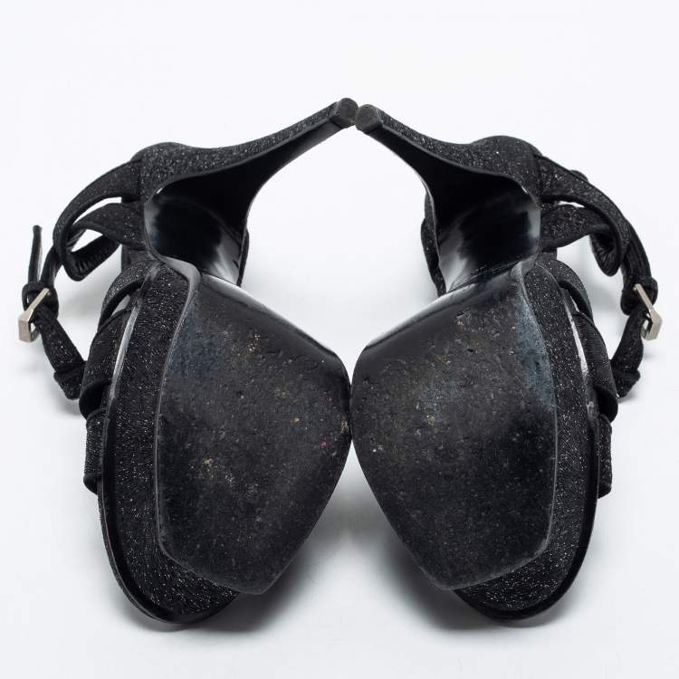 Pre Owned Saint Laurent Black Glitter Fabric Tribute Platform Sandals Size 38
