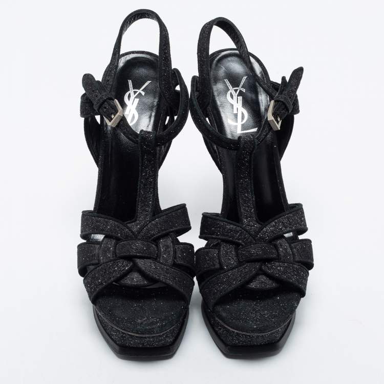 Pre Owned Saint Laurent Black Glitter Fabric Tribute Platform Sandals Size 38